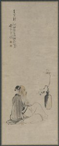 Starý muž hledící na větve magnólie ve váze, dynastie Qing, 1722 (inkoust a barva na papíře)